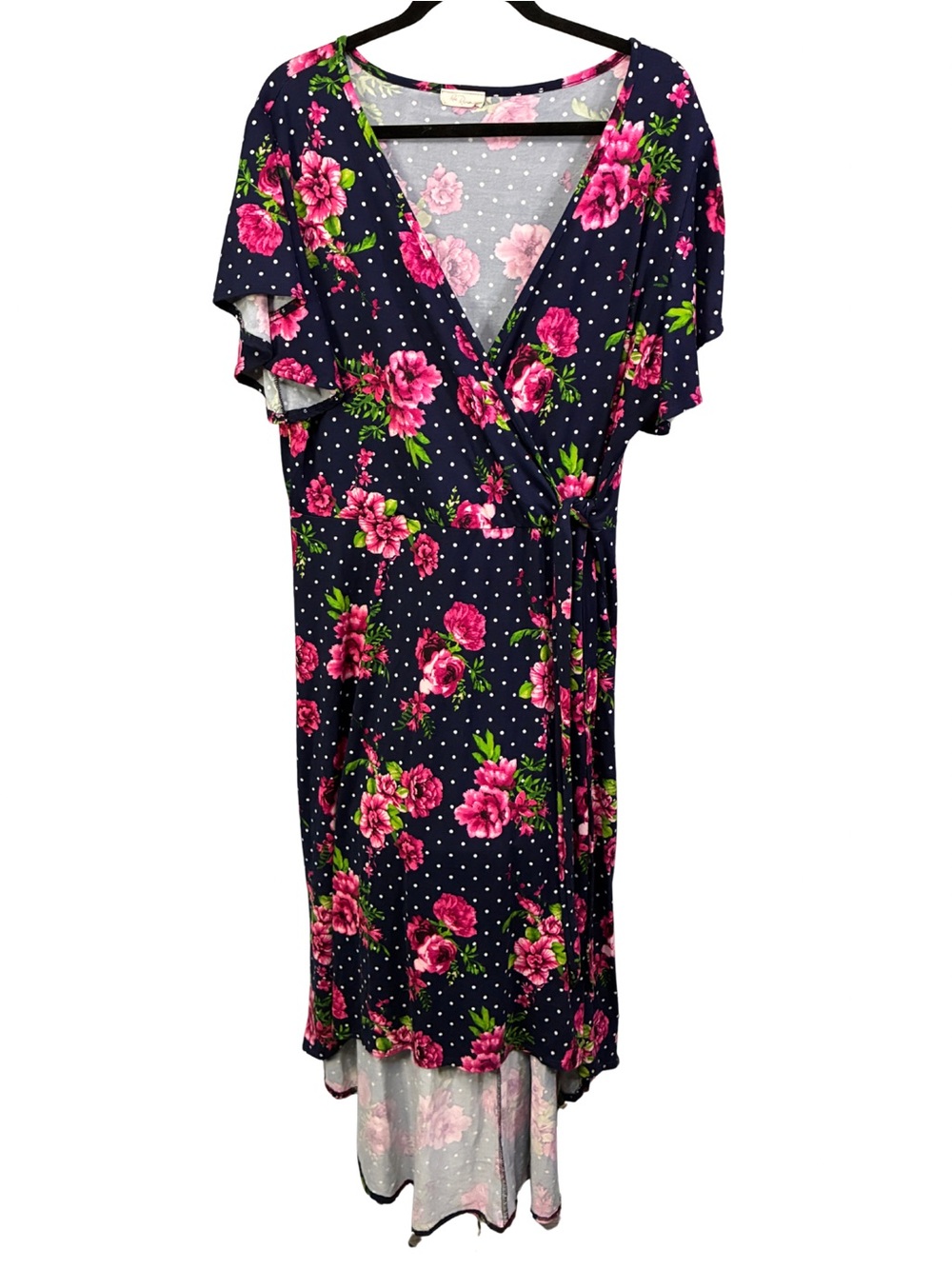Navy Floral Wrap Dress with Pink Roses
